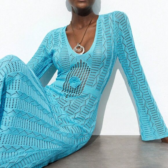 Blue Elegant Women's Season Hollow-Out Crochet Knit Dress - Picture 1 of 8